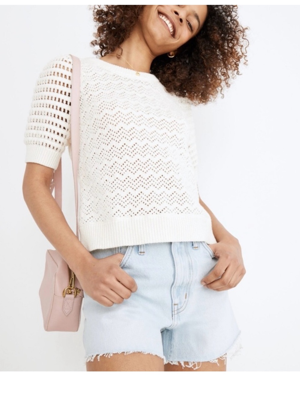 Madewell | Atwater Crochet Sweater Tee Shirt Short Puff Sleeves White Small